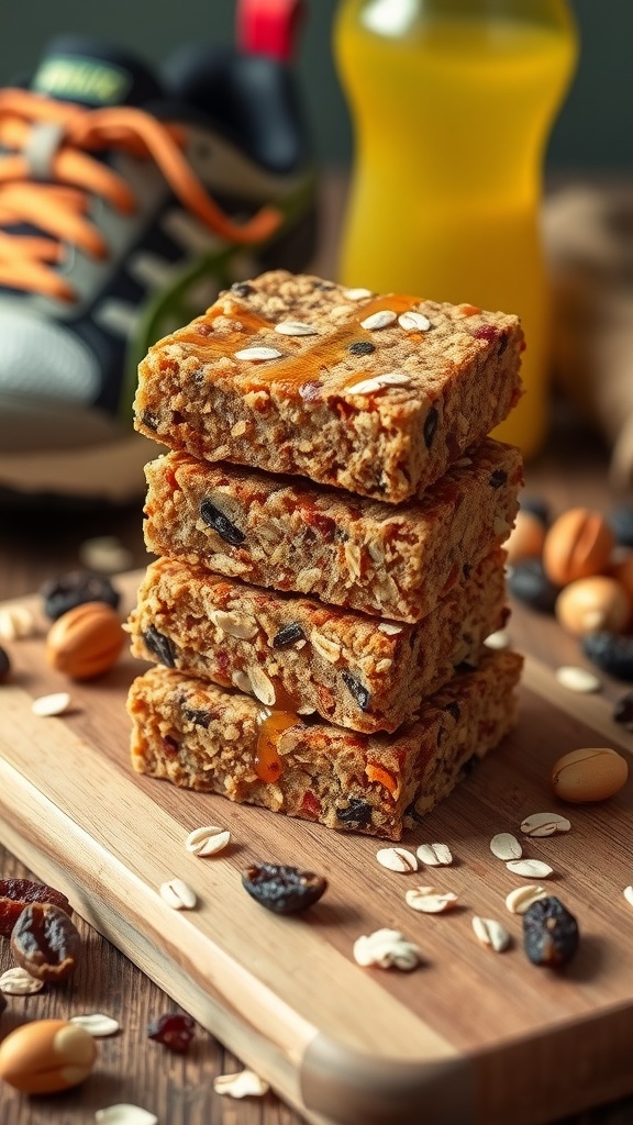 Homemade energy bars made with oats and dried fruits, on a rustic wooden board, perfect for runners.